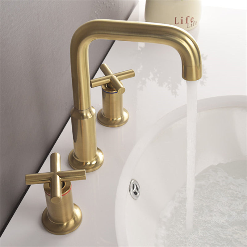 Brushed Gold Three Hole Waterfall Widespread Bathroom Sink Faucet