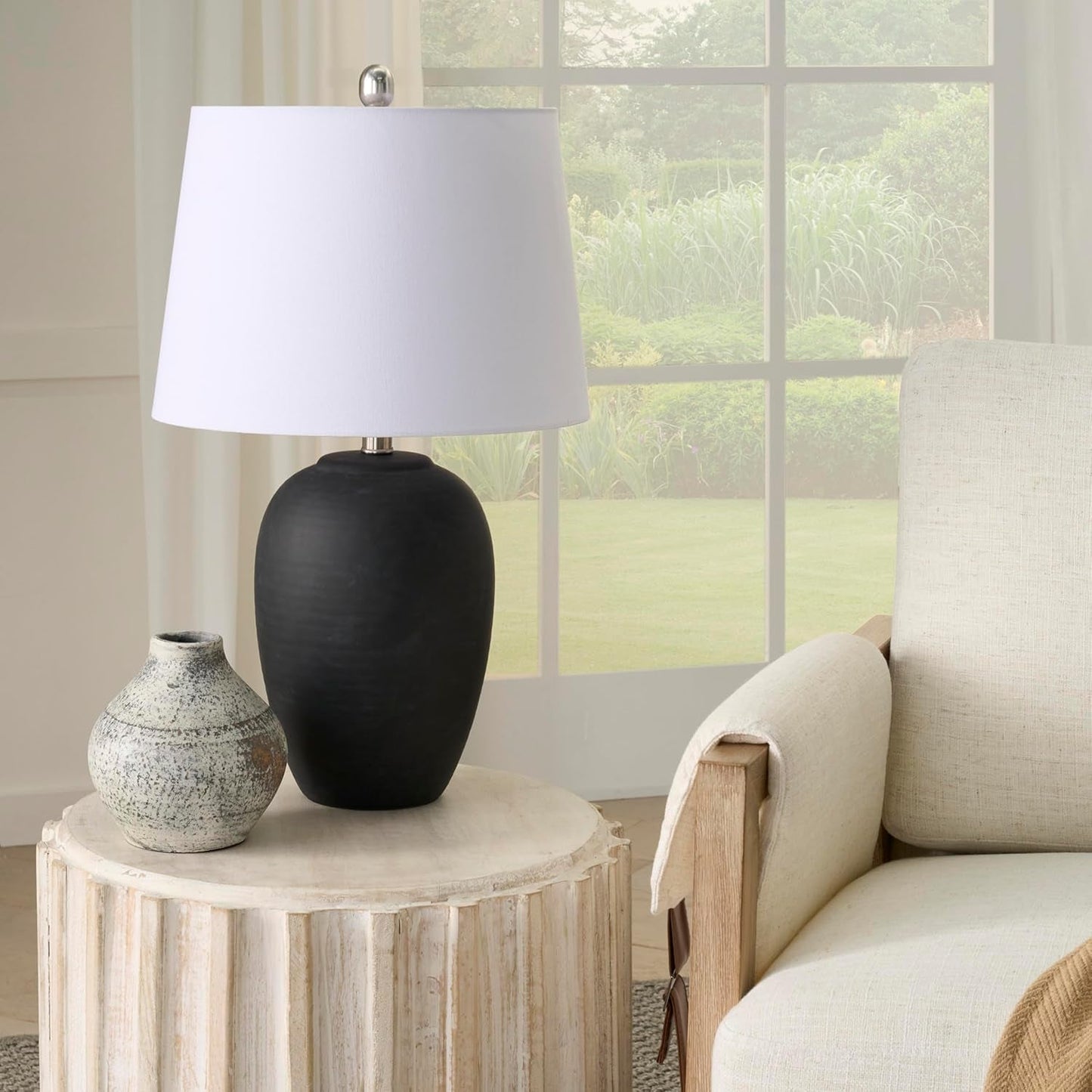 Thelittleesse™ Terraform Cement Table Lamp – Rustic Urn Accent Lamp with Fabric Shade & 3-Way Switch