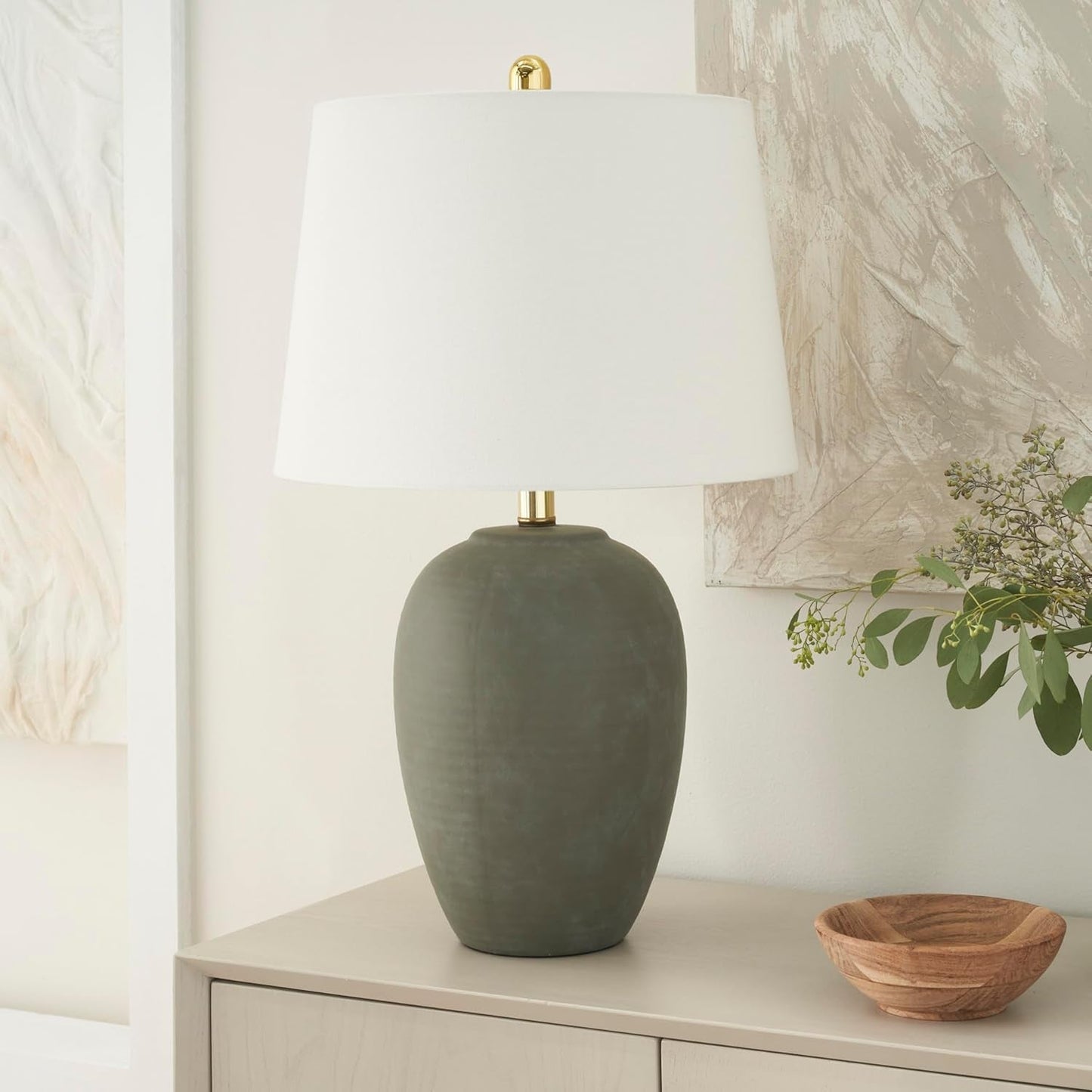 Thelittleesse™ Terraform Cement Table Lamp – Rustic Urn Accent Lamp with Fabric Shade & 3-Way Switch