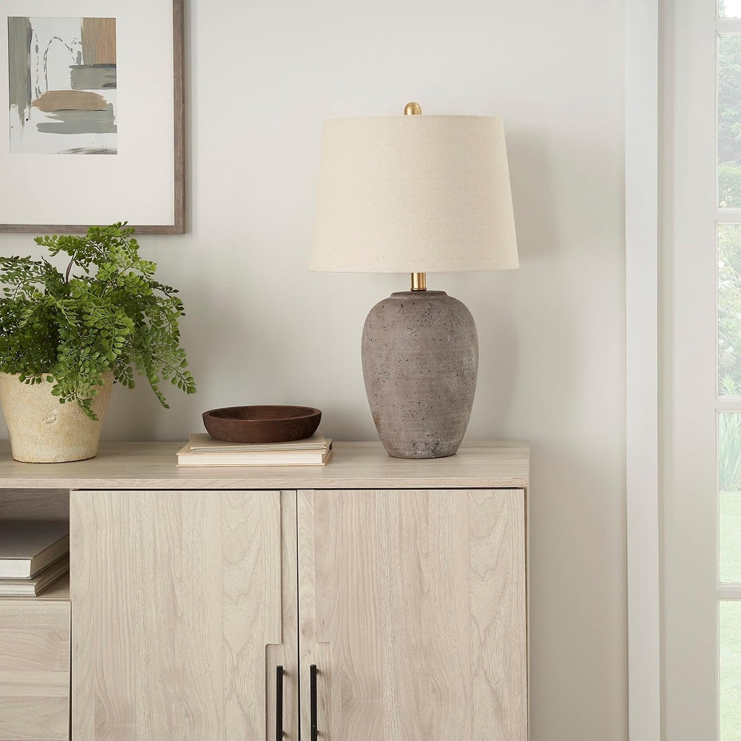 Thelittleesse™ Terraform Cement Table Lamp – Rustic Urn Accent Lamp with Fabric Shade & 3-Way Switch