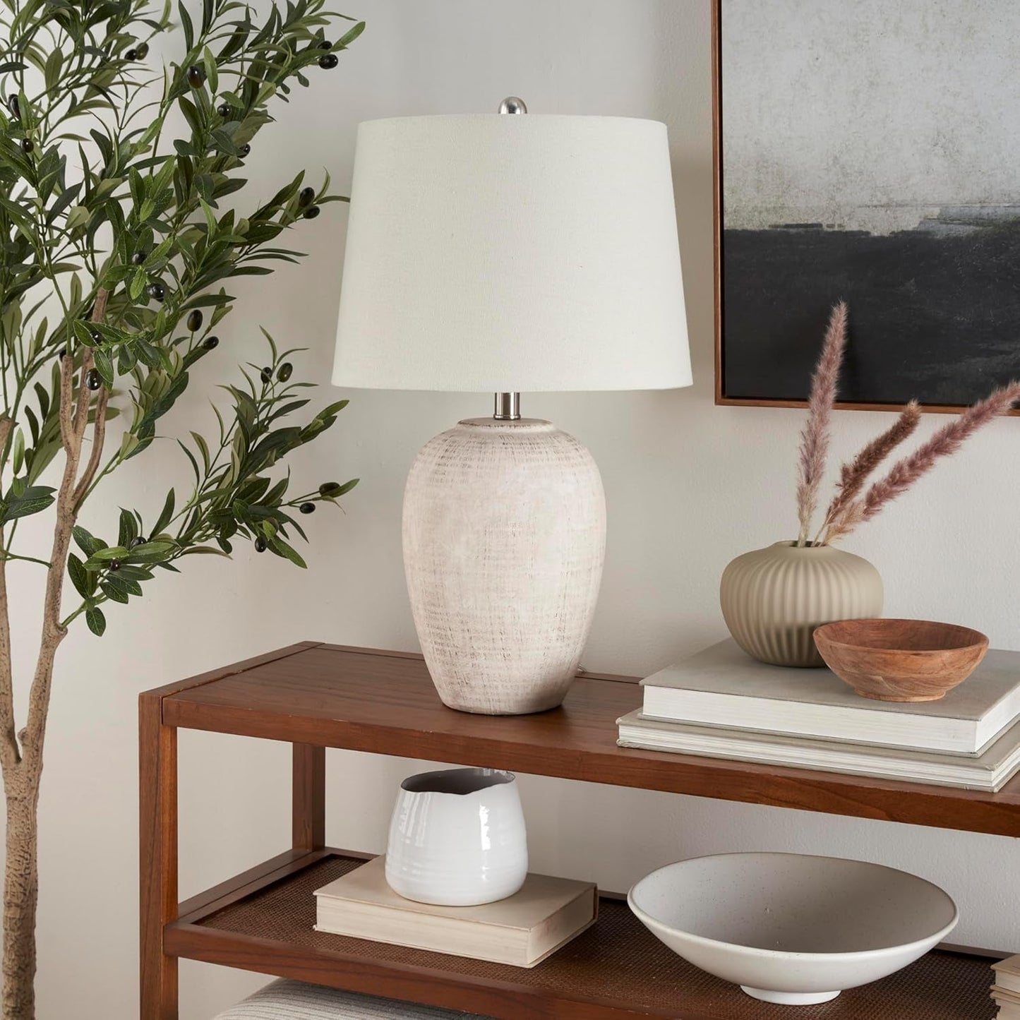 Thelittleesse™ Terraform Cement Table Lamp – Rustic Urn Accent Lamp with Fabric Shade & 3-Way Switch