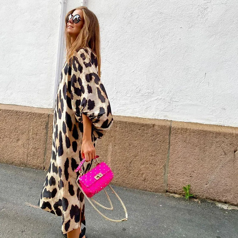 Elegant Leopard Print Womens Dress with V-Neck and Lantern Sleeves