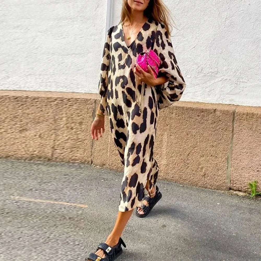 Elegant Leopard Print Womens Dress with V-Neck and Lantern Sleeves