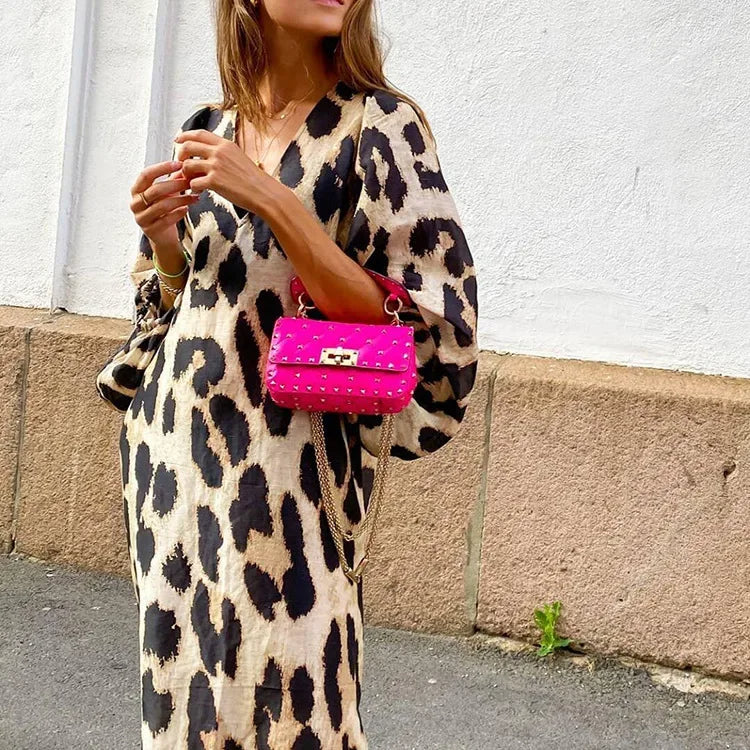 Elegant Leopard Print Womens Dress with V-Neck and Lantern Sleeves
