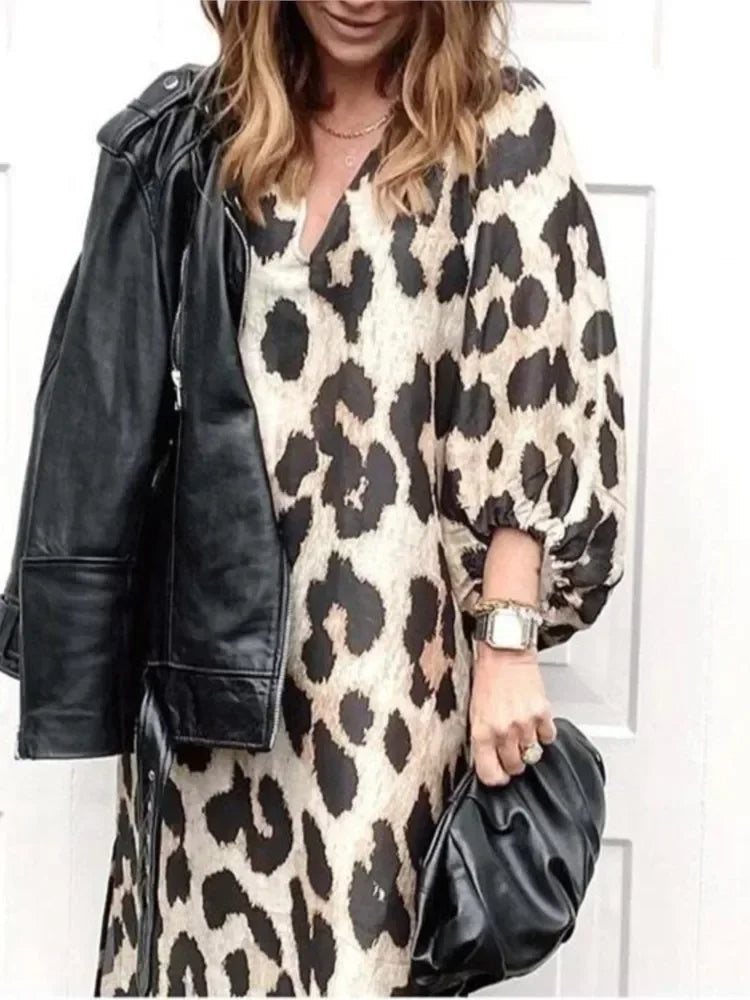 Elegant Leopard Print Womens Dress with V-Neck and Lantern Sleeves