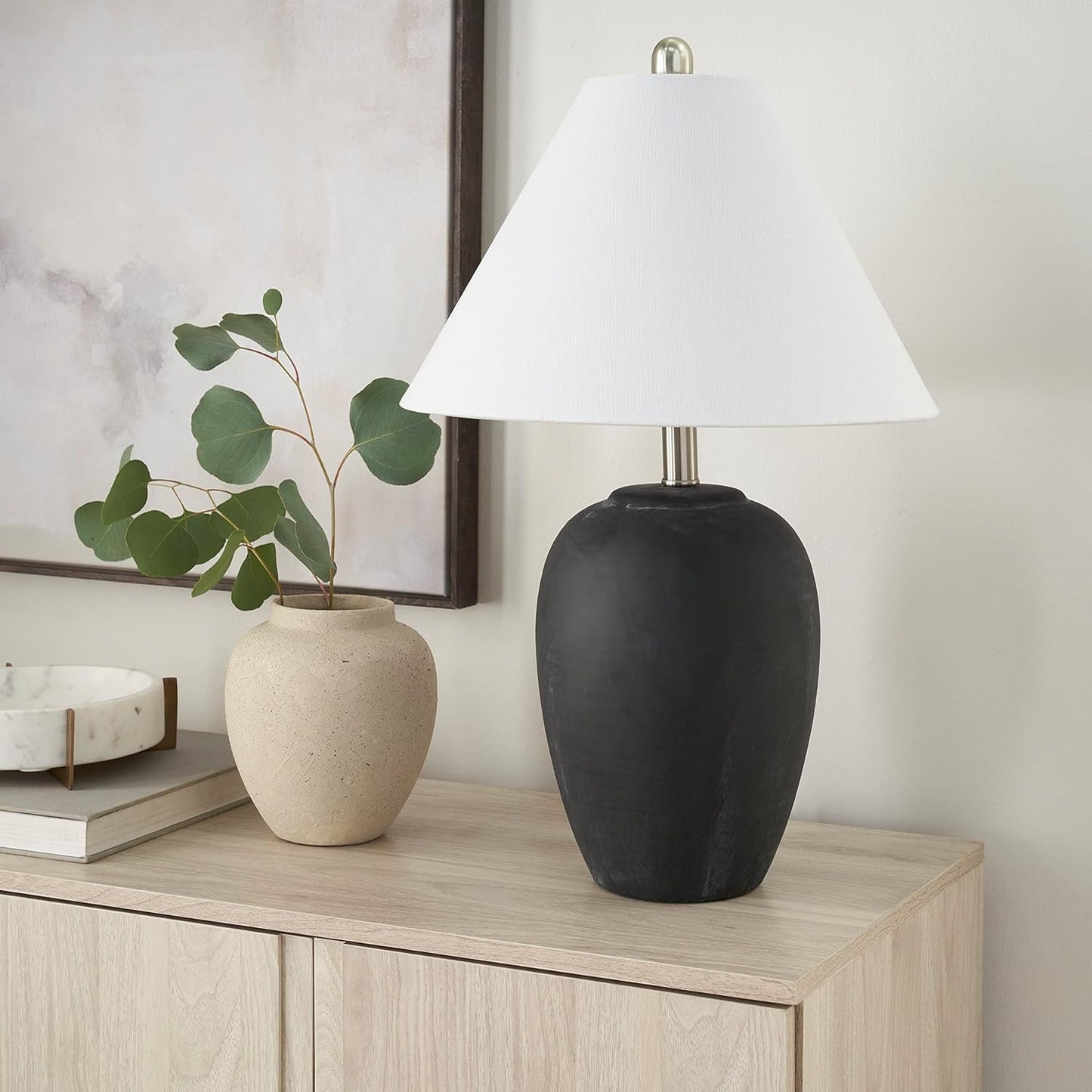 Thelittleesse™ Terraform Cement Table Lamp – Rustic Urn Accent Lamp with Fabric Shade & 3-Way Switch
