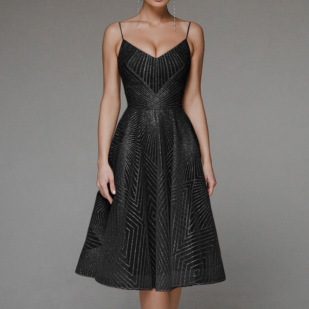 Elegant Open Back Women's Dress with Geometric Pattern for Wedding Guests