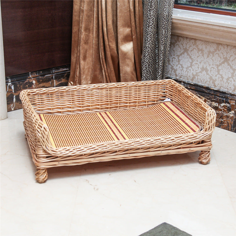 Handcrafted Wicker Outdoor Indoor Pet Bed with Paw-Print Cushion