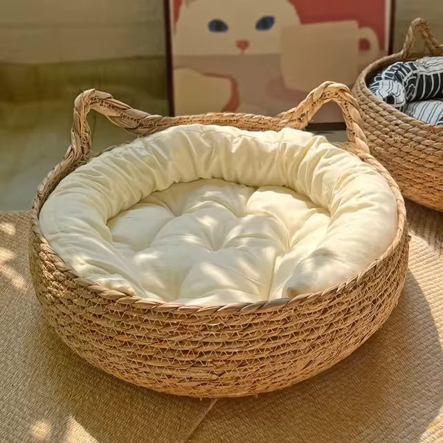 Cat Bed Handwoven Natural Seagrass with Cushion