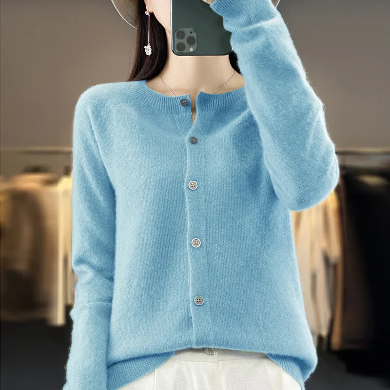 100% Pure Wool Loose Cardigan - Women's Autumn/Winter Round Neck Sweater