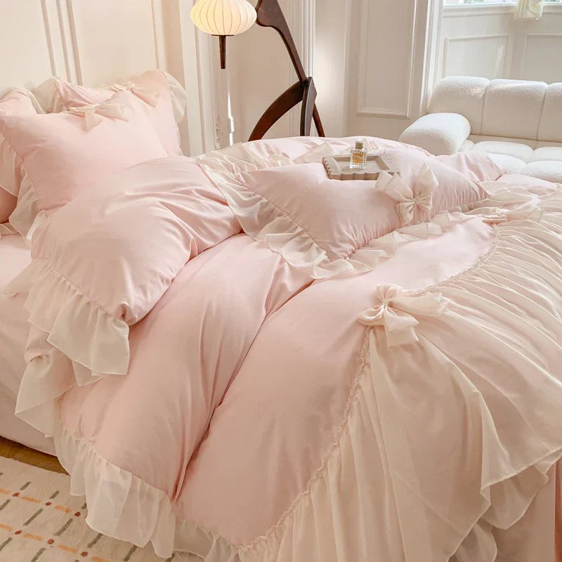 Thelittleesse™ Chiffon Lace Romantic Bedding Set – 4-Piece Cotton Ensemble with Vintage Elegance