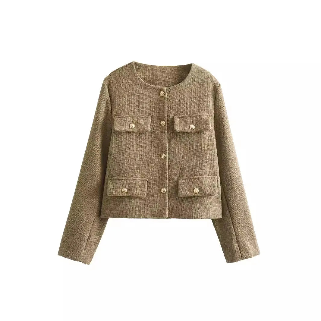Lila Women's Autumn Winter Textured Round Neck Short Jacket