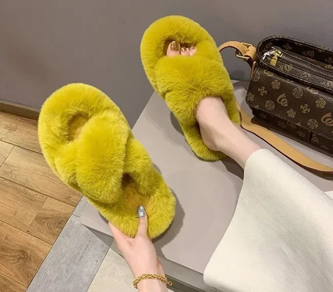 FurGlam - Soft Fur Slippers with Crossed Straps