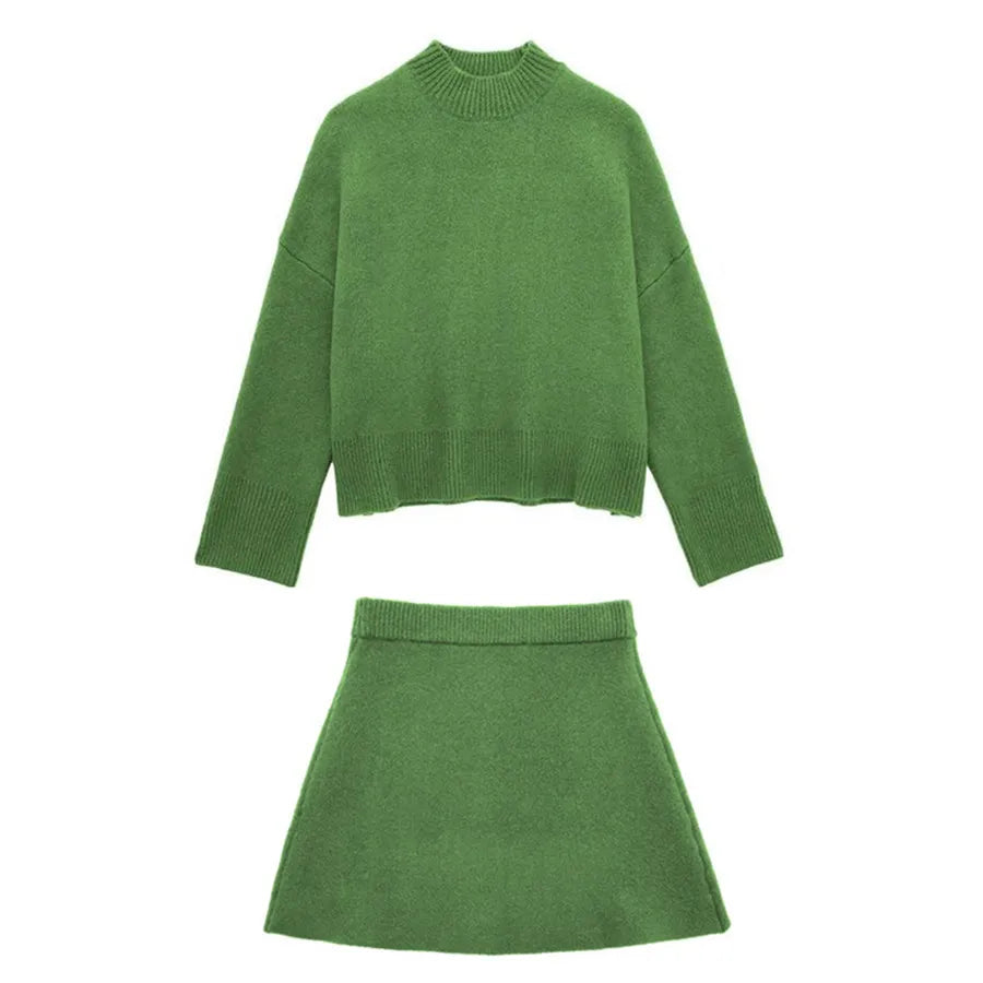 Thamara's Chic Autumn Skirt Set - Cozy Long Sleeve Sweater & A-Line Mini