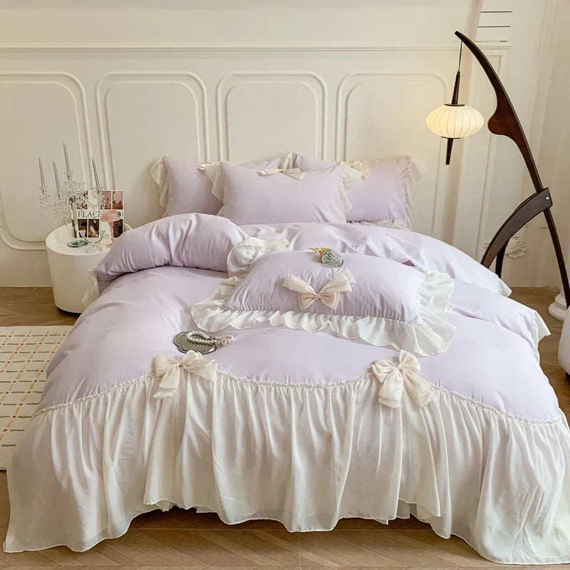 Thelittleesse™ Chiffon Lace Romantic Bedding Set – 4-Piece Cotton Ensemble with Vintage Elegance