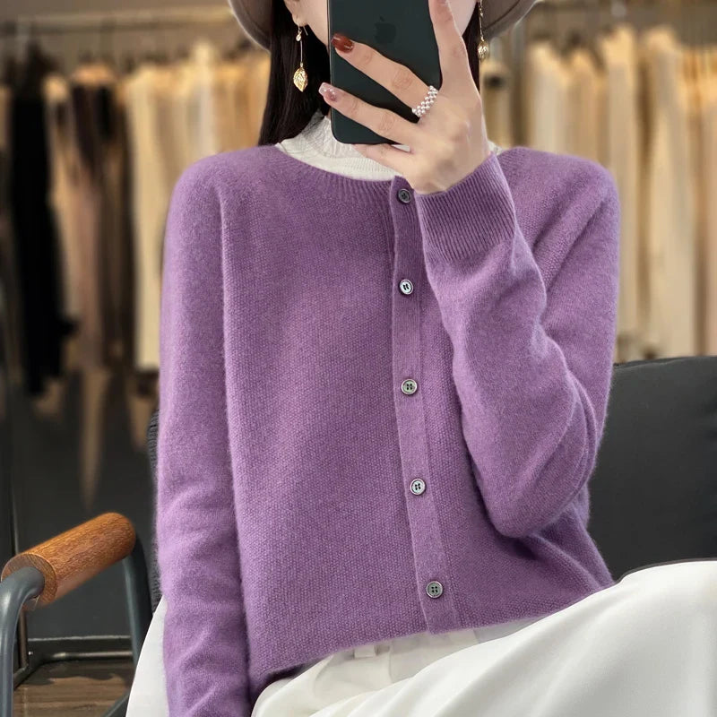 100% Pure Wool Loose Cardigan - Women's Autumn/Winter Round Neck Sweater