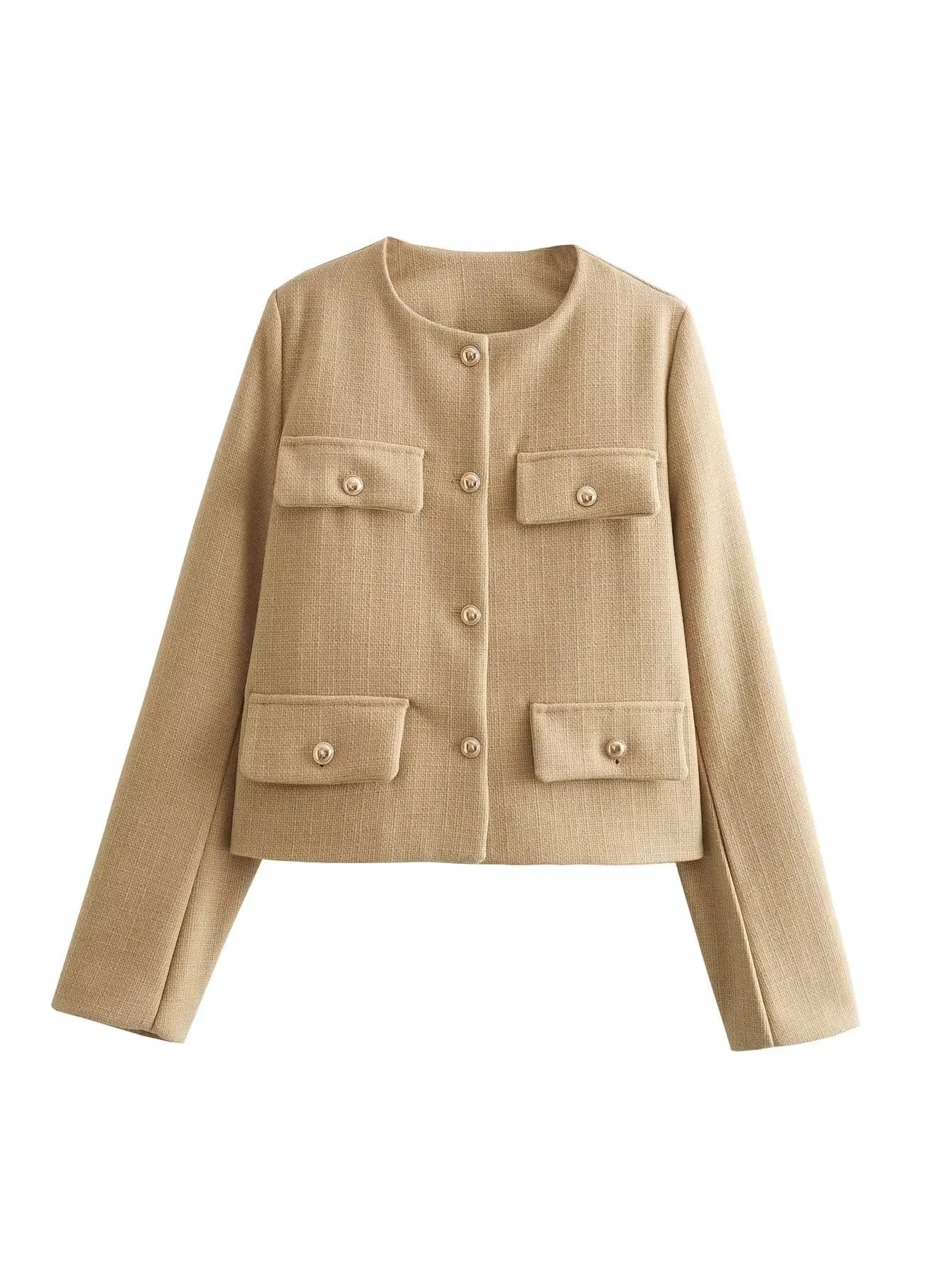 Lila Women's Autumn Winter Textured Round Neck Short Jacket