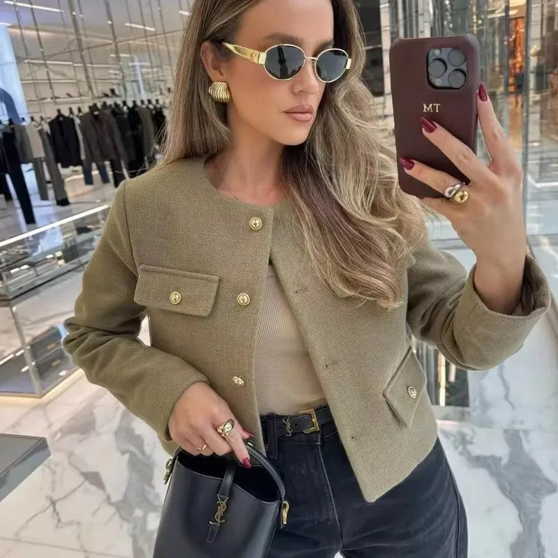 Lila Women's Autumn Winter Textured Round Neck Short Jacket