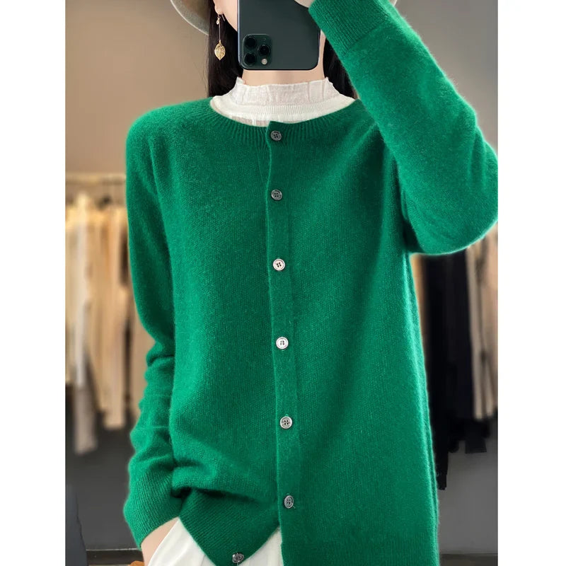 100% Pure Wool Loose Cardigan - Women's Autumn/Winter Round Neck Sweater