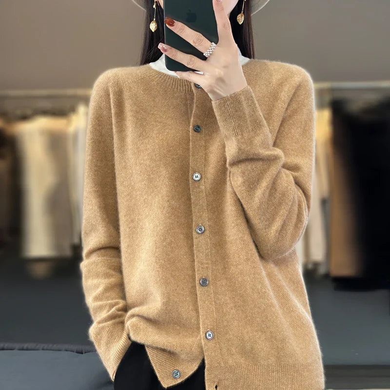 100% Pure Wool Loose Cardigan - Women's Autumn/Winter Round Neck Sweater