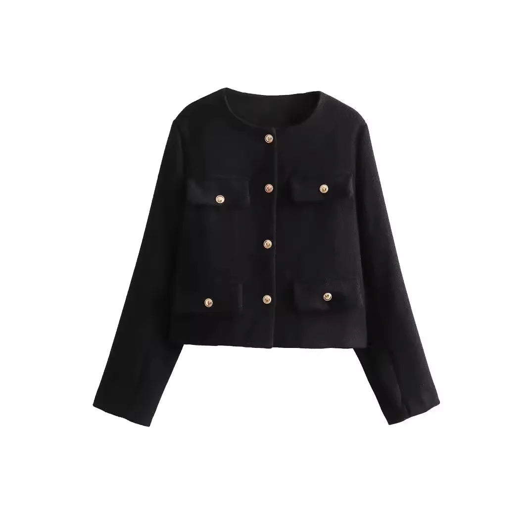 Lila Women's Autumn Winter Textured Round Neck Short Jacket