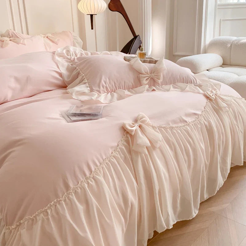 Thelittleesse™ Chiffon Lace Romantic Bedding Set – 4-Piece Cotton Ensemble with Vintage Elegance