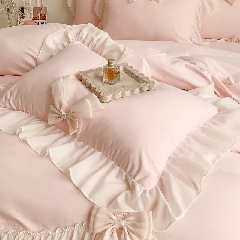 Thelittleesse™ Chiffon Lace Romantic Bedding Set – 4-Piece Cotton Ensemble with Vintage Elegance