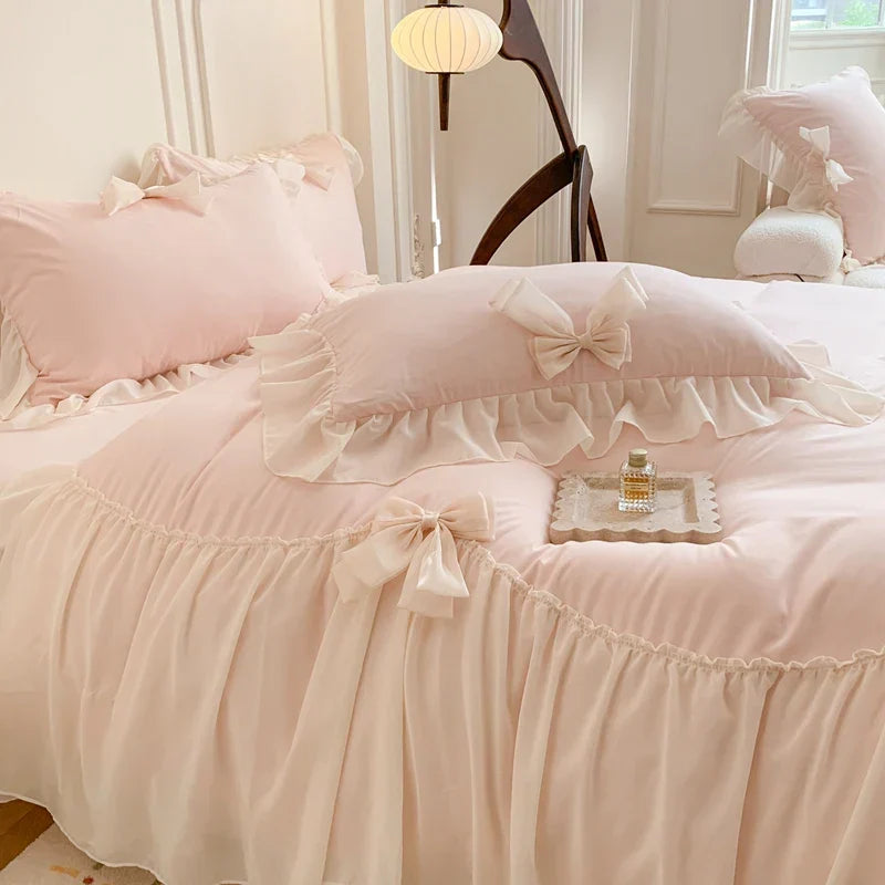 Thelittleesse™ Chiffon Lace Romantic Bedding Set – 4-Piece Cotton Ensemble with Vintage Elegance