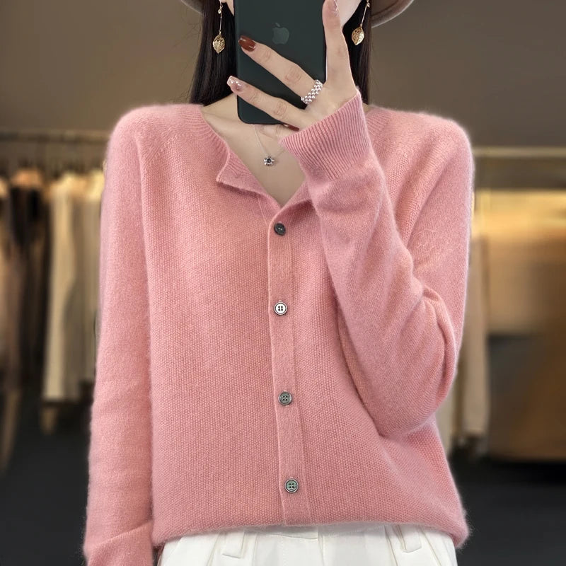 100% Pure Wool Loose Cardigan - Women's Autumn/Winter Round Neck Sweater