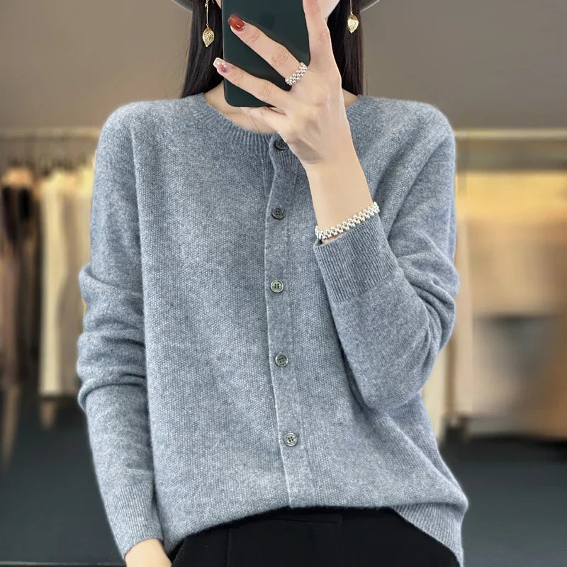 100% Pure Wool Loose Cardigan - Women's Autumn/Winter Round Neck Sweater