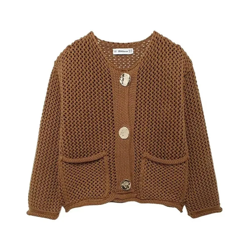 Willshela Women’s Vintage O-Neck Knitted Sweater with Pockets - Red Single Breasted Chic Outfit