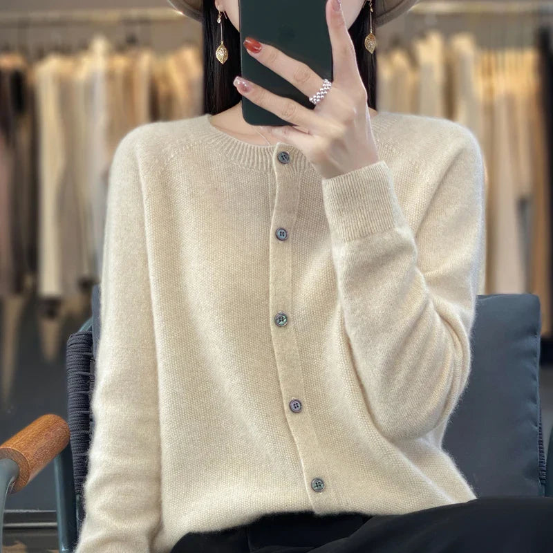 100% Pure Wool Loose Cardigan - Women's Autumn/Winter Round Neck Sweater