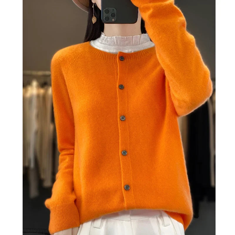 100% Pure Wool Loose Cardigan - Women's Autumn/Winter Round Neck Sweater
