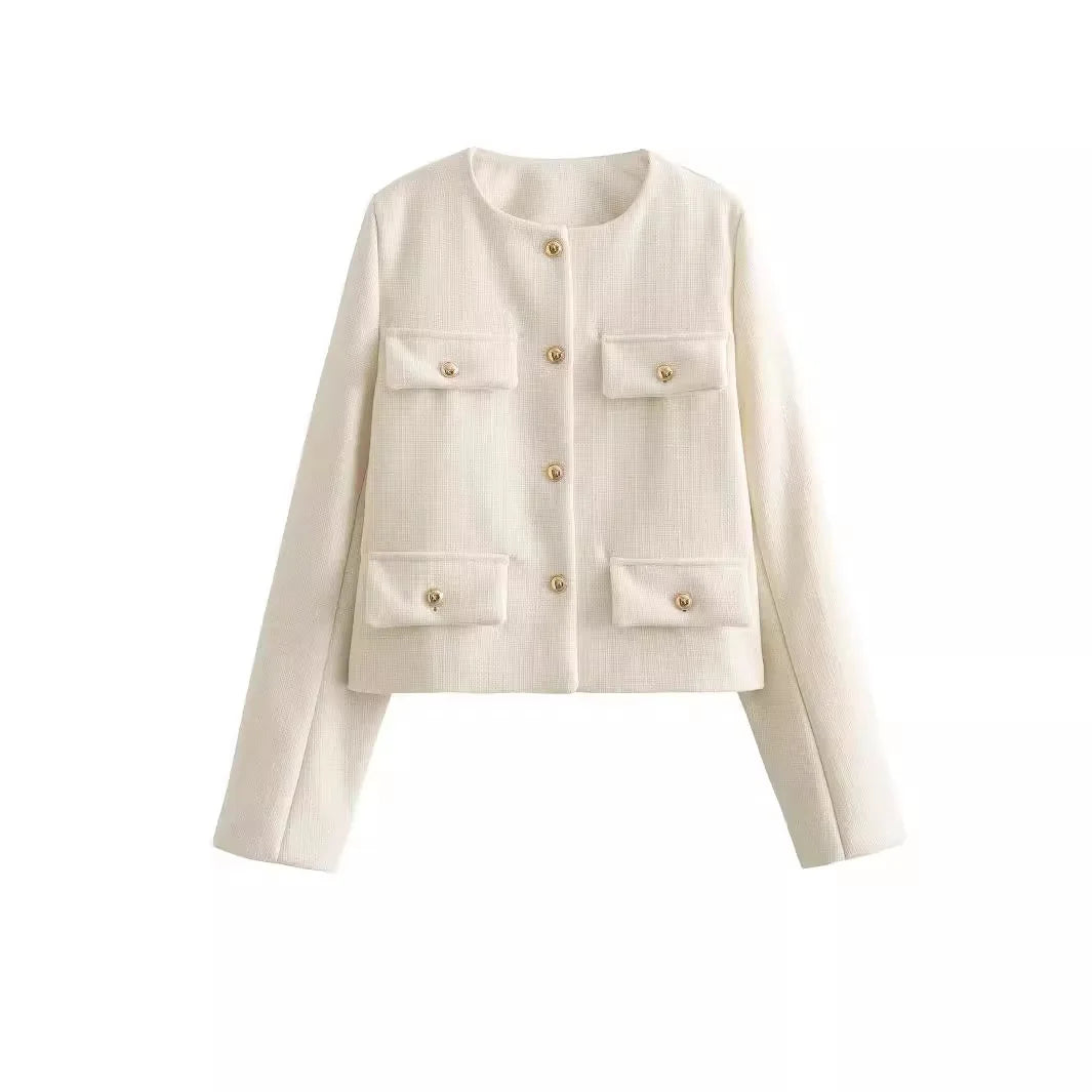 Lila Women's Autumn Winter Textured Round Neck Short Jacket