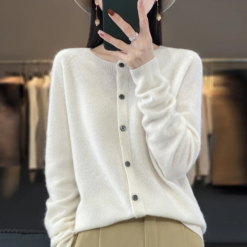 100% Pure Wool Loose Cardigan - Women's Autumn/Winter Round Neck Sweater