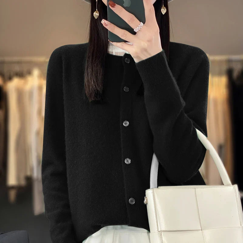 100% Pure Wool Loose Cardigan - Women's Autumn/Winter Round Neck Sweater