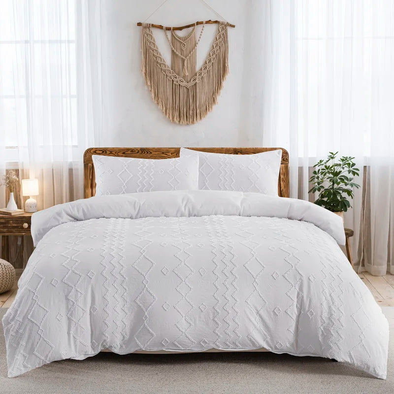 Tufted White Duvet Cover Twin King Soft Microfiber Chenille Dots Bedding Set Bohemian Jacquard Comforter Cover with Pillowcase