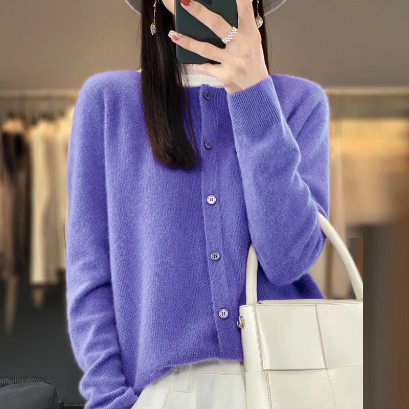 100% Pure Wool Loose Cardigan - Women's Autumn/Winter Round Neck Sweater