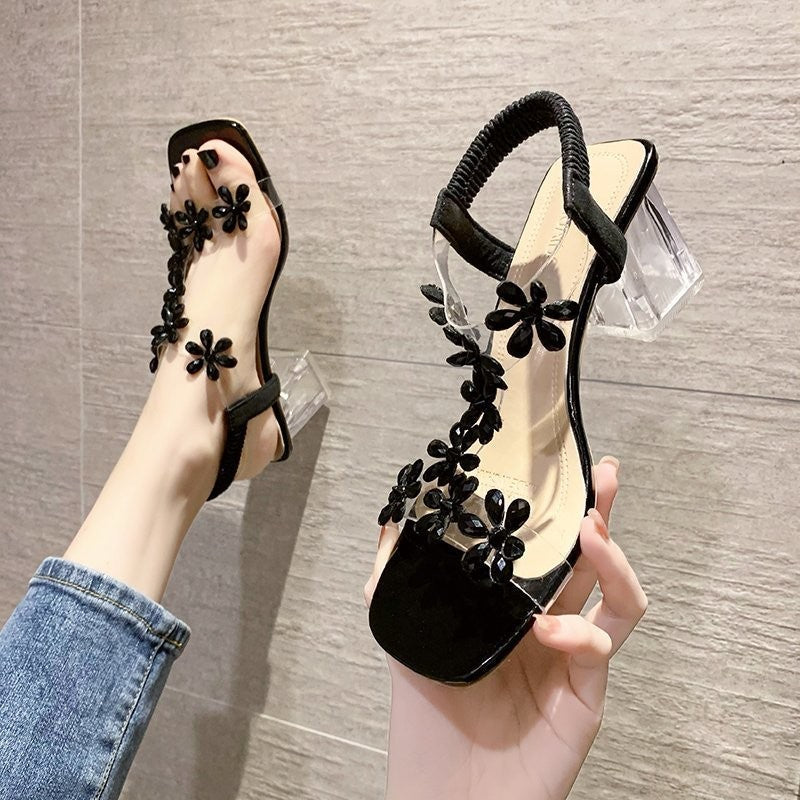 Clara Rhinestone Flower Block Heel Sandals