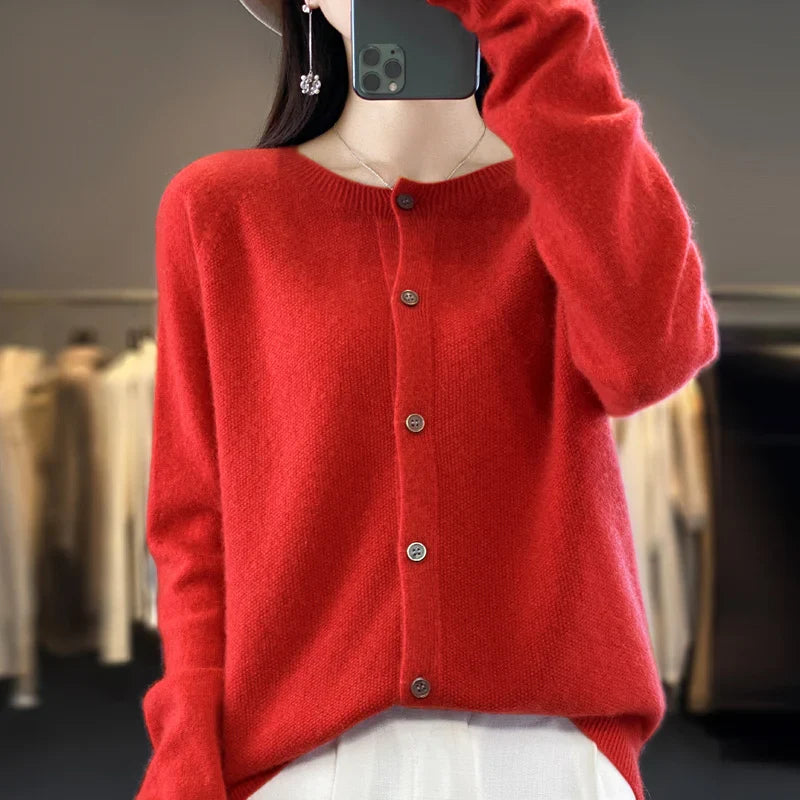 100% Pure Wool Loose Cardigan - Women's Autumn/Winter Round Neck Sweater