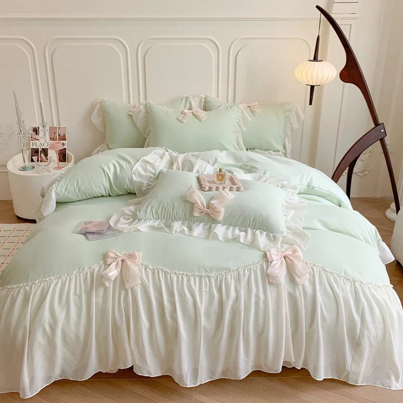 Thelittleesse™ Chiffon Lace Romantic Bedding Set – 4-Piece Cotton Ensemble with Vintage Elegance