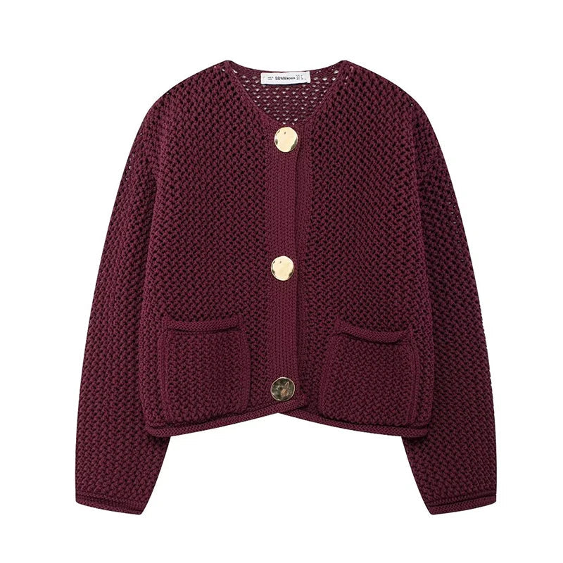 Willshela Women’s Vintage O-Neck Knitted Sweater with Pockets - Red Single Breasted Chic Outfit