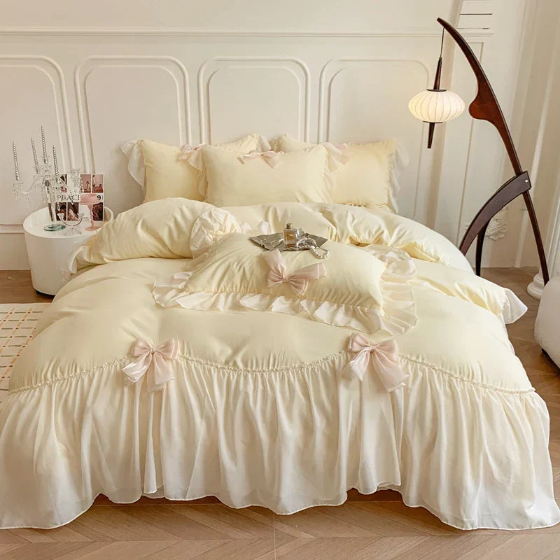 Thelittleesse™ Chiffon Lace Romantic Bedding Set – 4-Piece Cotton Ensemble with Vintage Elegance