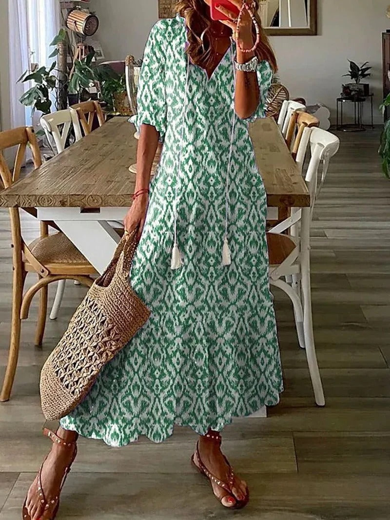 Evadne - Boho V-Neck Maxi Dress - Flowy & Elegant