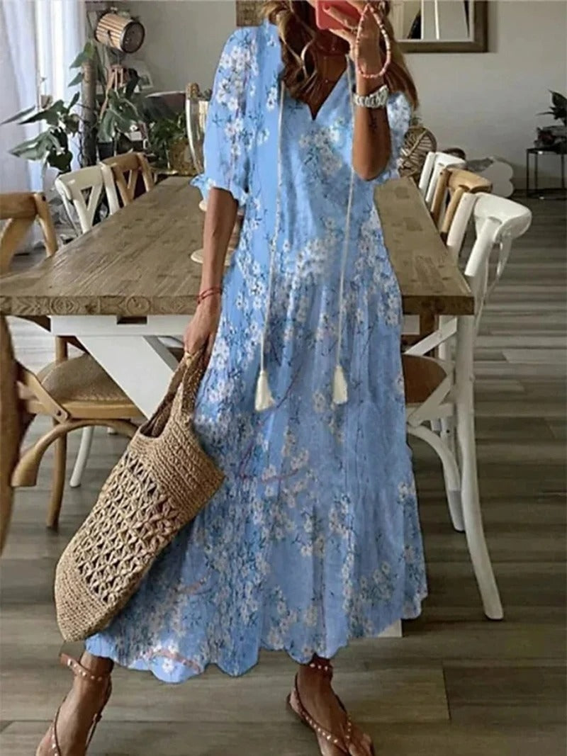 Evadne - Boho V-Neck Maxi Dress - Flowy & Elegant