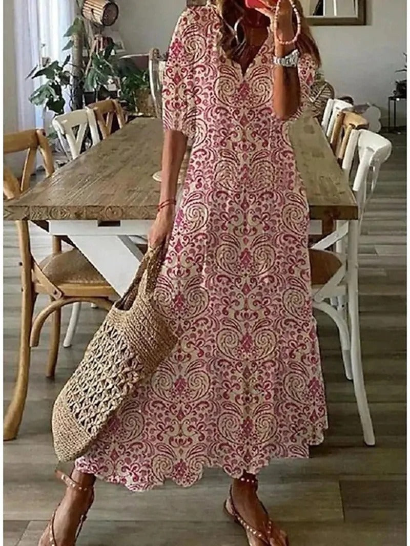 Evadne - Boho V-Neck Maxi Dress - Flowy & Elegant