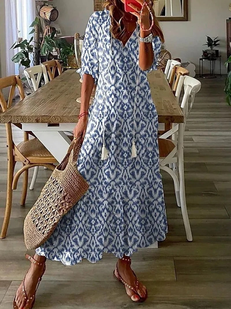 Evadne - Boho V-Neck Maxi Dress - Flowy & Elegant