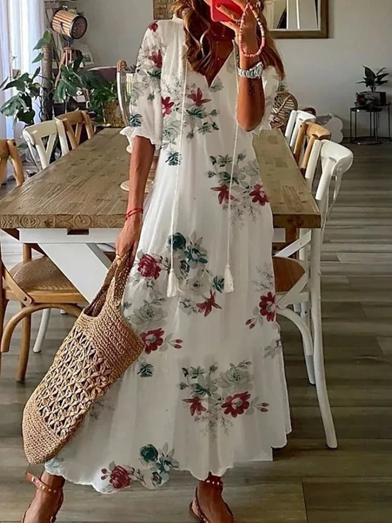 Evadne - Boho V-Neck Maxi Dress - Flowy & Elegant