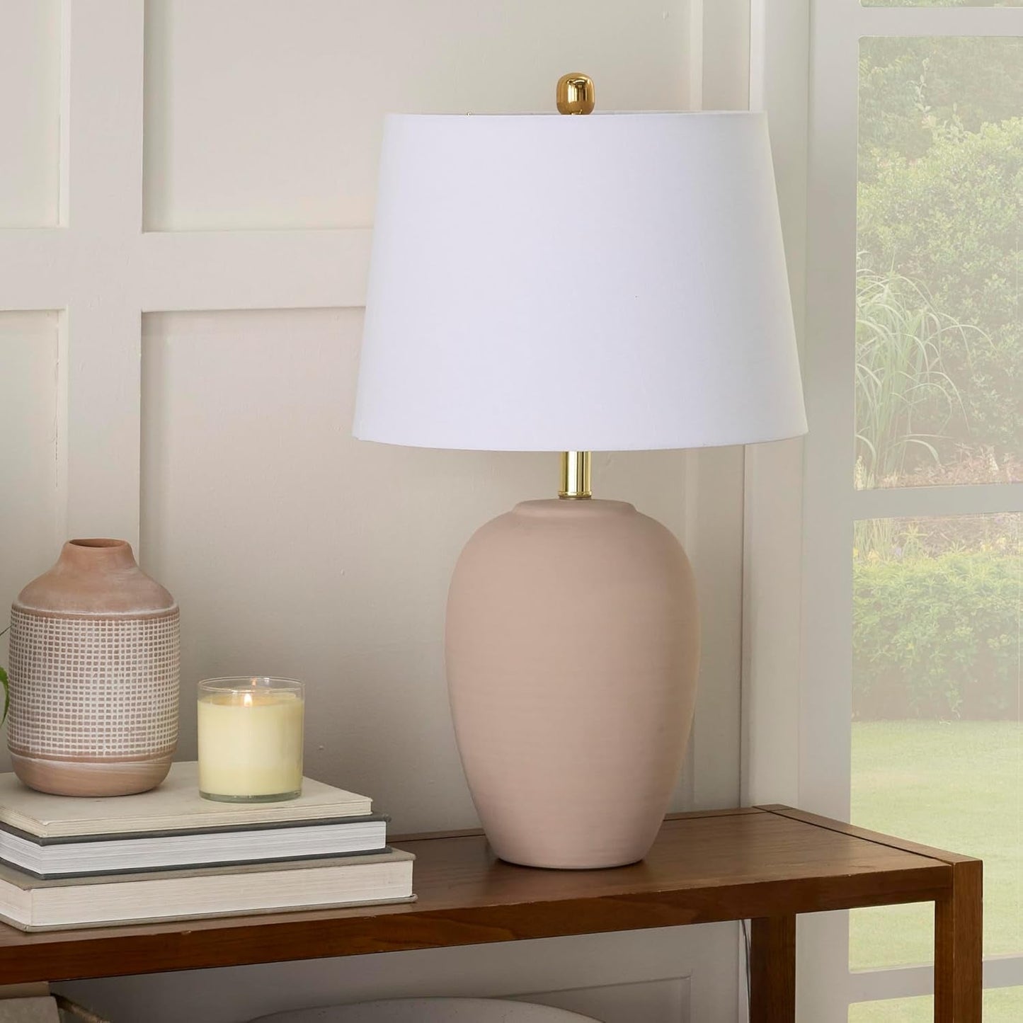 Thelittleesse™ Terraform Cement Table Lamp – Rustic Urn Accent Lamp with Fabric Shade & 3-Way Switch