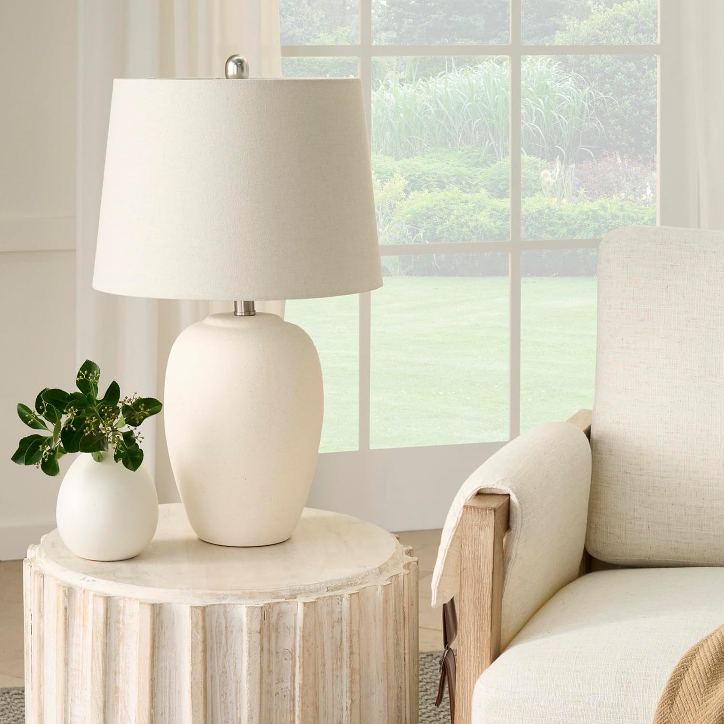 Thelittleesse™ Terraform Cement Table Lamp – Rustic Urn Accent Lamp with Fabric Shade & 3-Way Switch